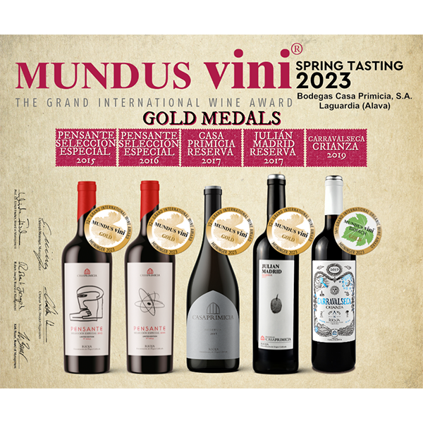 Cinco medallas de oro MUNDUS VINI para vinos de Bodegas Casa Primicia