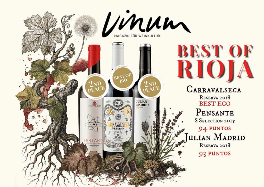 Vinos de Bodegas Casa Primicia premiados en Best of Rioja 2025 de la revista VINUM
