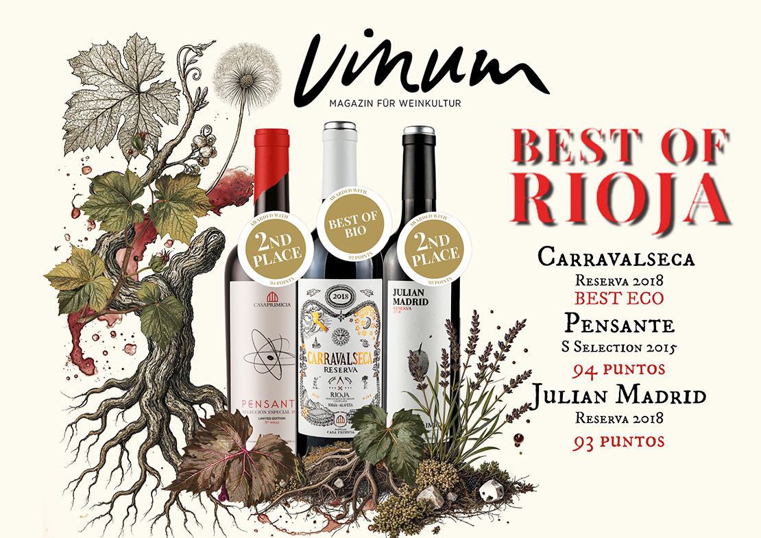 Vinos de Bodegas Casa Primicia premiados en Best of Rioja 2025 de la revista VINUM